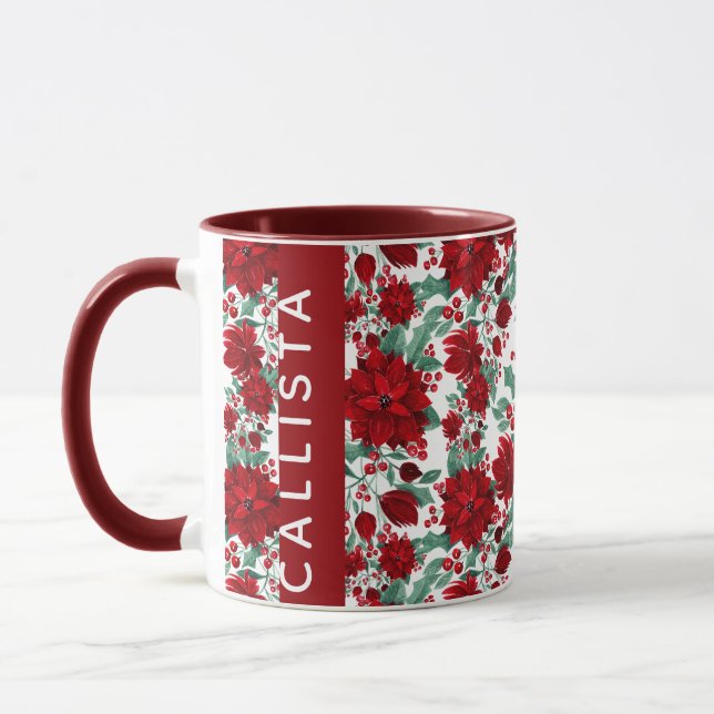 Mug Rouge Poinsettia Fleurs Ivy Feuille Aquarelle Nom (Gauche)