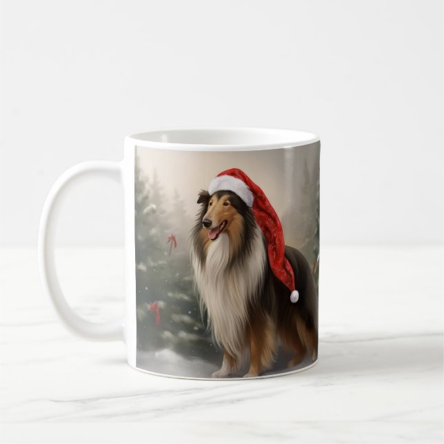 Mug Rough Collie Chien dans la neige Noël (Gauche)