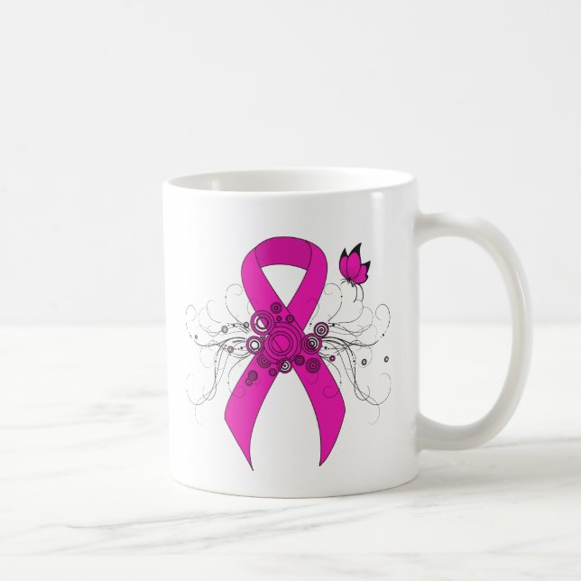 Mug Ruban de sensibilisation rose chaud avec papillon (Droite)