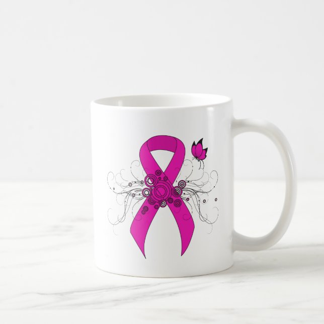 Mug Ruban de sensibilisation rose chaud avec papillon (Droite)