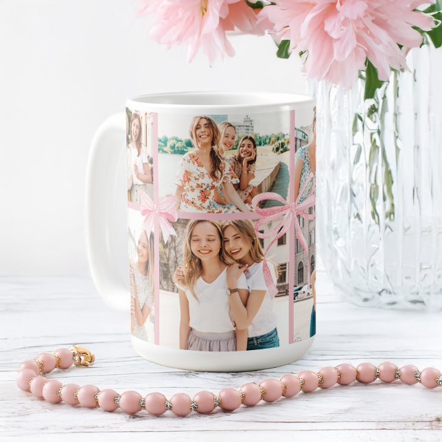 Mug Ruban photo Collage de collection de pinceau rose (Girly Pink Polka Dot Ribbon Photo Collage Keepsake Coffee Mug)