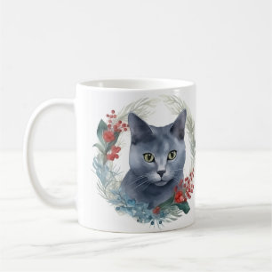 Mug Russe Blue Chat Noël Wreath Festive Kitten