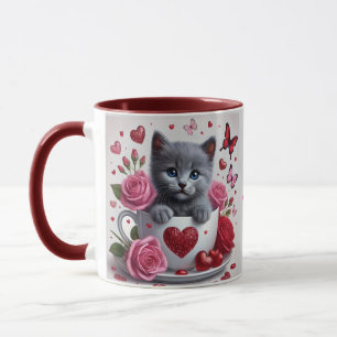 Mug Russe Blue Teaup Kitten Valentine