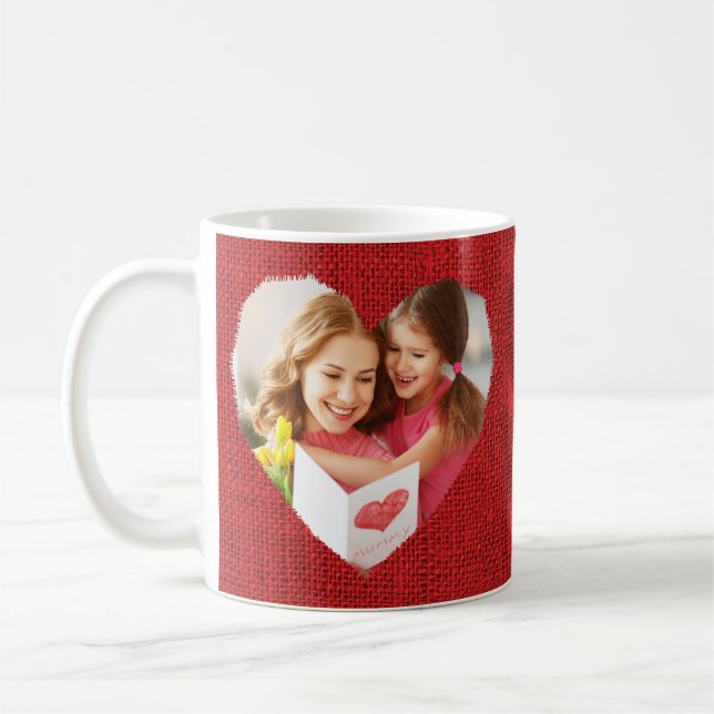 Mug Rustic Red Burlap Heart Mom Photo Fête des mères (Gauche)