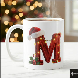 Mug Rustic Wood Christmas Letter M String Lights