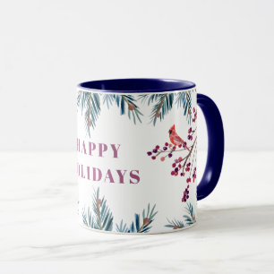Mug Rustique moderne Happy Holidays pinèdes et oiseaux