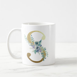 Mug S, initial doré avec feuillage floral bleu
