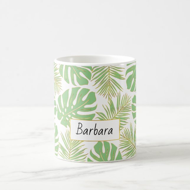 Mug Sage vert et or feuilles tropicaux et nom (Centre)
