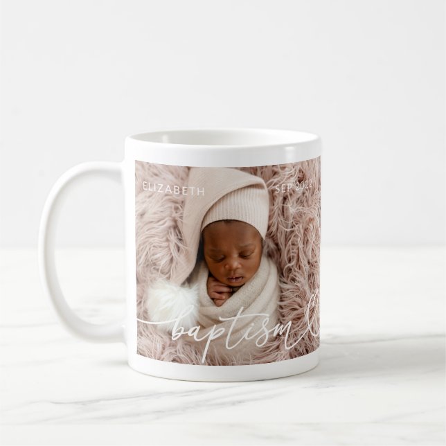 Mug Saint Baptême Élégant Moderne Chic Coeur Bébé Phot (Gauche)