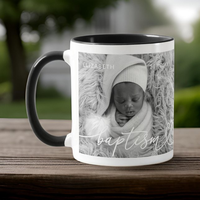 Mug Saint Baptême Élégant Moderne Chic Coeur Bébé Phot (Créateur téléchargé)
