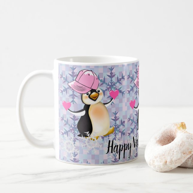 Mug Saint-Valentin Coeurs de pingouins (Avec donut)