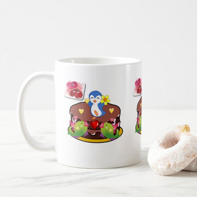 Mug Saint-Valentin Coeurs de pingouins (Avec donut)