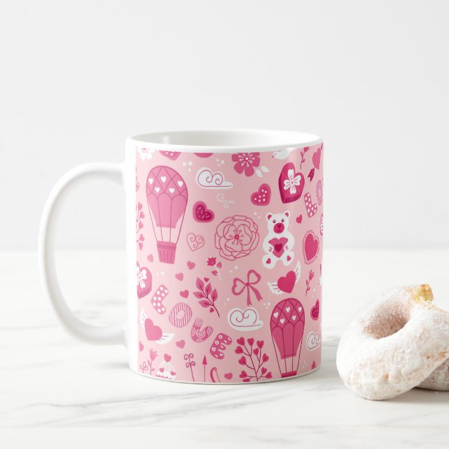 Mug Saint Valentin Coeurs roses Aimer Fleurs d'ours (Avec donut)