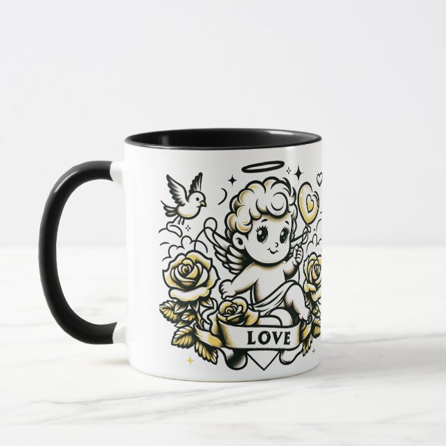 Mug Saint Valentin cupide aux roses jaunes et colombe (Gauche)