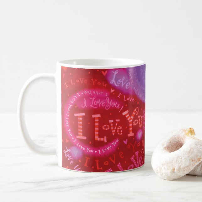 Mug Saint Valentin Rouge rose Je t'aime Typographie (Avec donut)