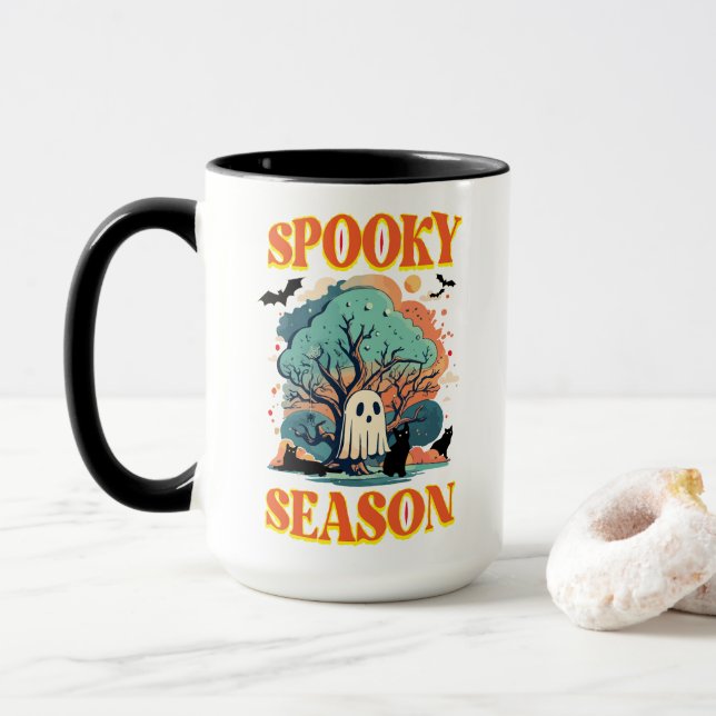 Mug Saison éffrayante Fantôme et Chat noir Halloween C (Avec donut)
