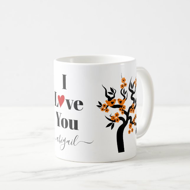 Mug Sakura cerisier Inséparable orange et fleurs (Devant droit)