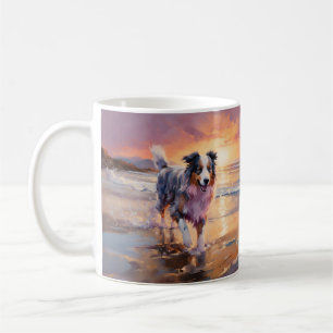 Mug Sandy Australian Shepherd Dog on Beach Sunset