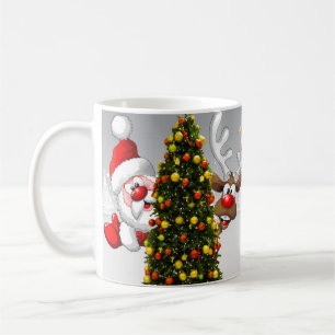 Mug Santa claus and reindeer behind a christmas tree.j