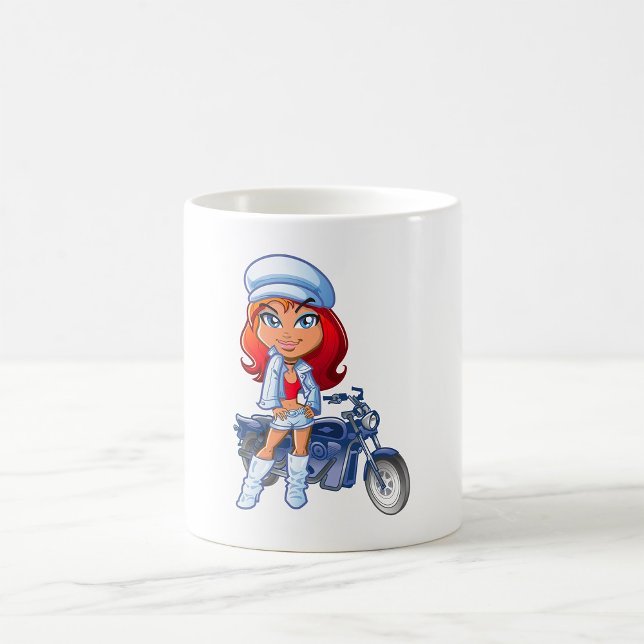 Mug Sassy Biker Girl avec cheveux rouges et moto (Créateur téléchargé)