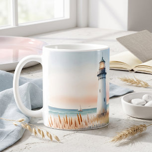 Mug Scène aquarelle d'un phare et d'une maisonnette au