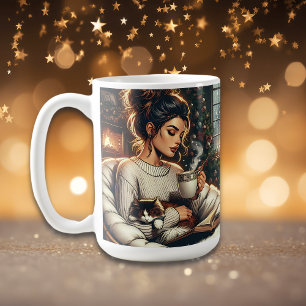 Mug Scène cosy   Femme qui boit du cacao avec chat