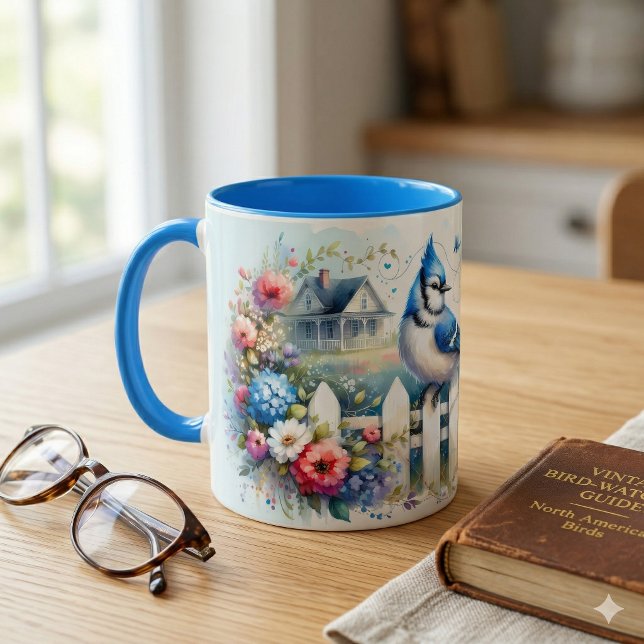 Mug Scène de clôture de jardin de la maisonnette de ge (Blue Jay Cottage Garden Fence Scene Mug On Kitchen Counter)