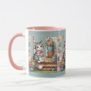 Mug Scène de patchwork floral avec un chat sur une vér