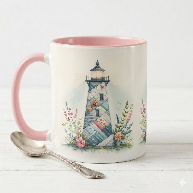 Mug Scène florale côtière du phare patchwork (Patchwork Lighthouse Coastal Floral Scene Mug)