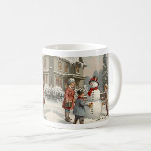 Mug Scène hivernale vintage : Des enfants construisent