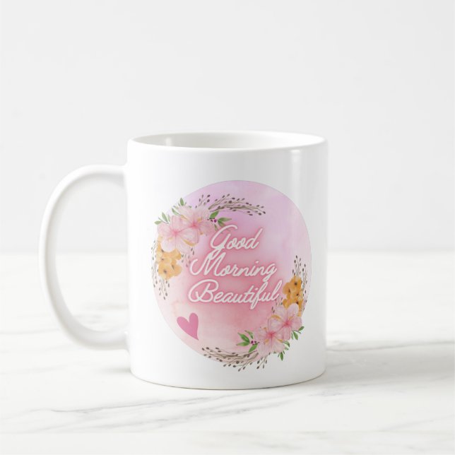 Mug Script "Good Morning Beautiful", Floral rose (Gauche)