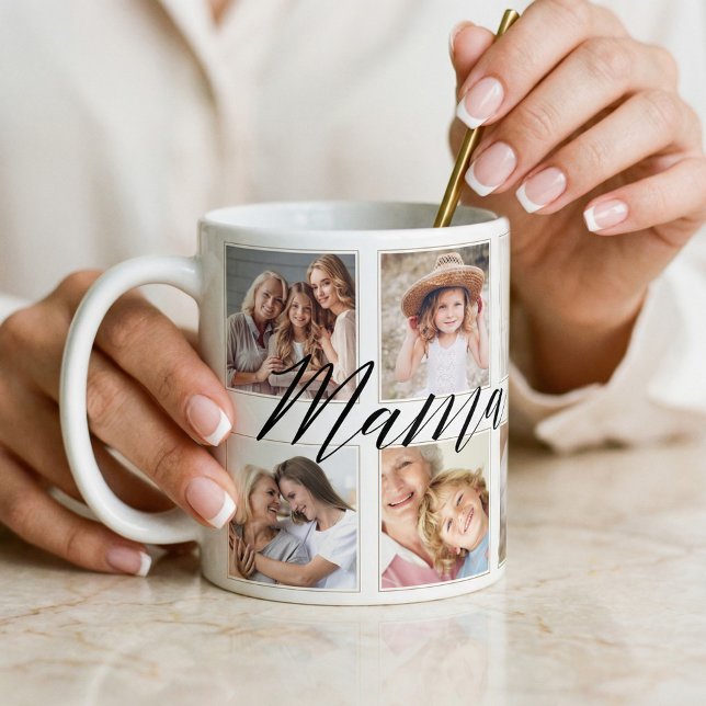 Mug Script Mama moderne | Collage photo pour petits en (Modern Mama Script | Grandchildren Photo Collage Coffee Mug)