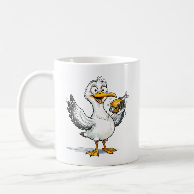Mug Seagull Holding Fish Sandwich at the Coast (Gauche)