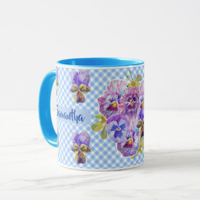 Mug Shabby Pansy Floral Bleu En vichy Fleurs Filles (Devant gauche)