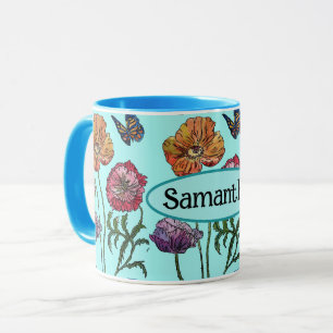 Mug Shabby Poppy Red Purple sur Aqua Nom personnalisab