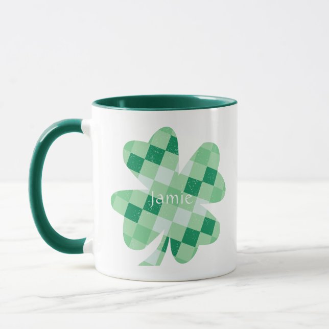 Mug Shamrock irlandais Clover Green Checks Nom Monogra (Gauche)