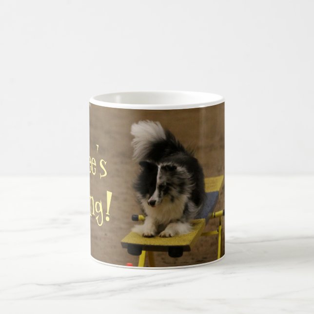 Mug Sheltie accrochant sur une bascule d'agilité (Centre)