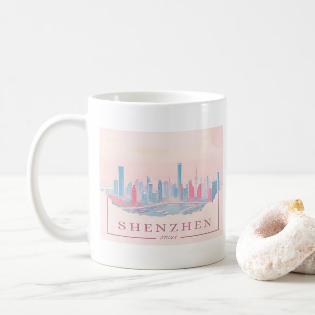 Mug Shenzhen Chine Futuriste Skyline Pastel Travel (Avec donut)