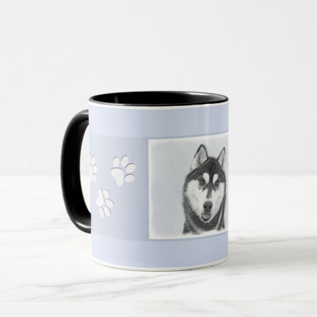 Mug Sibérie Husky (noir et blanc) Peinture Chien Art (Devant gauche)