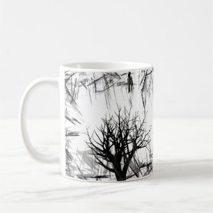 Mug Silhouette noire et blanche d'arbres forestiers
