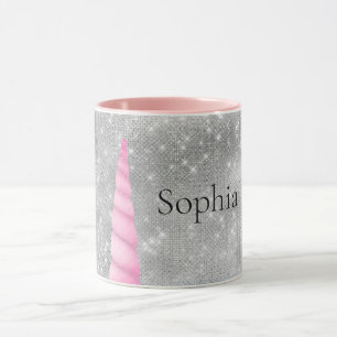Mug Silver Sparkle Pink Glam Unicorn personnalisée
