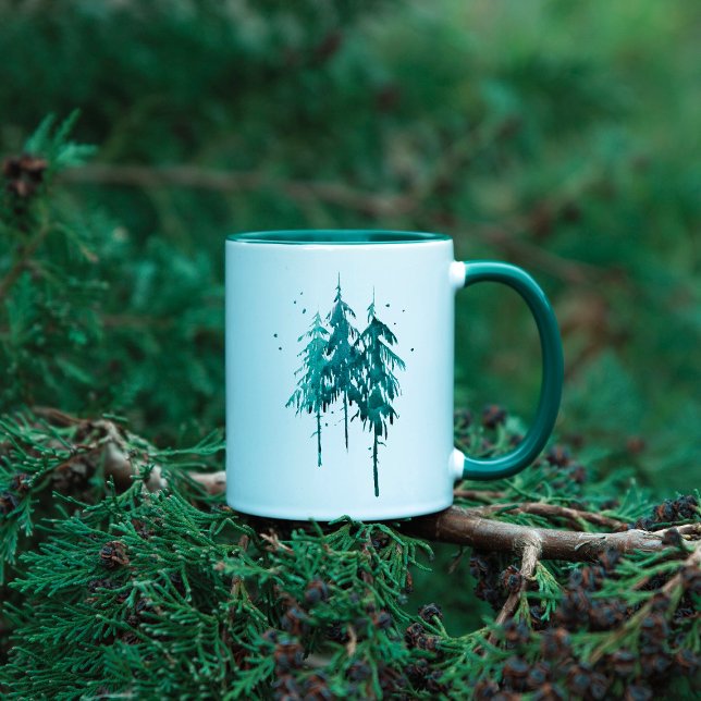 Mug Simple Camp Life Blue-Green Aquarelle Pine Arbres (Créateur téléchargé)