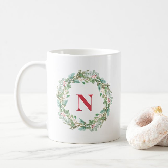 Mug Simple couronne rouge Monogramme moderne Noël (Avec donut)