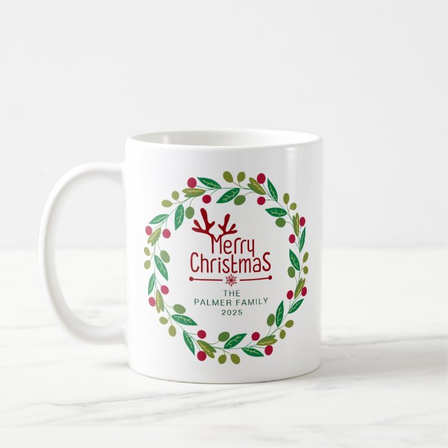 Mug Simple élégante couronne florale de Noël Nom de fa (Gauche)