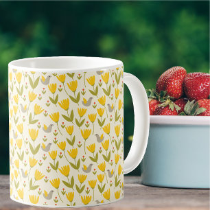 Mug Simple Scandinavian Flowers and Birds Pattern