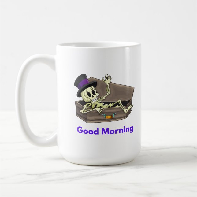 Mug Skeleton dit bonjour à partir du panier sur un (Gauche)