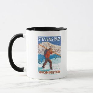 Mug Skier transportant ski de neige - Stevens Pass, WA