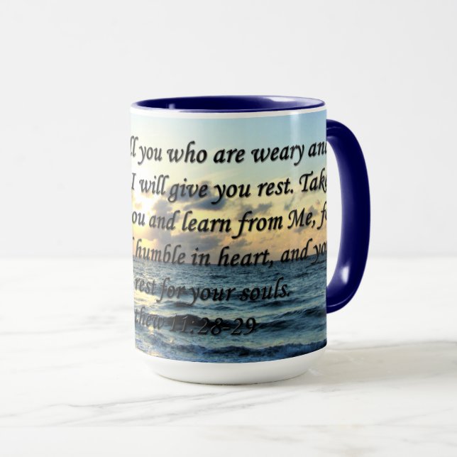 MUG SKIES BLEUS MATTHEW 11:28 DESIGN PHOTO DE LEVER (Devant droit)
