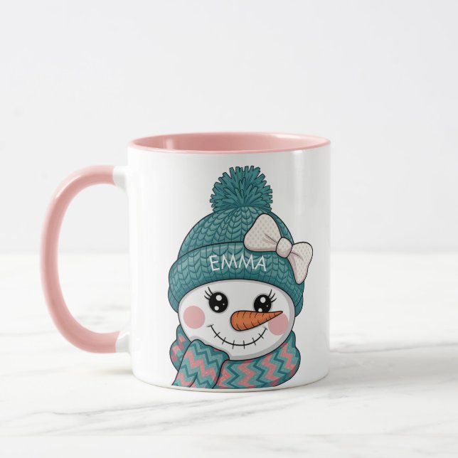 Mug Smiling Snowman Face Name Christmas bow (Gauche)