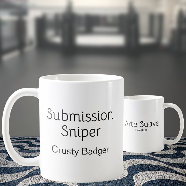Mug Sniper de soumission Jiu Jitsu personnalisé (2 personalized "Submission Sniper" mugs showing front and rear print)